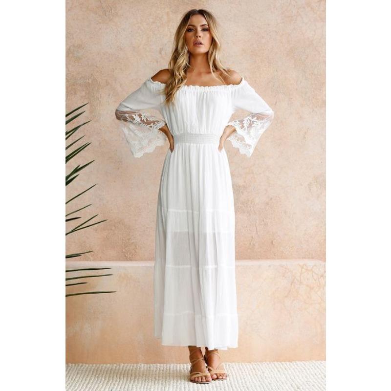 Women's White Chiffon Lace Jacquard Off-Shoulder Evening Gown - Elegant Long Dress for Wedding & Formal Events