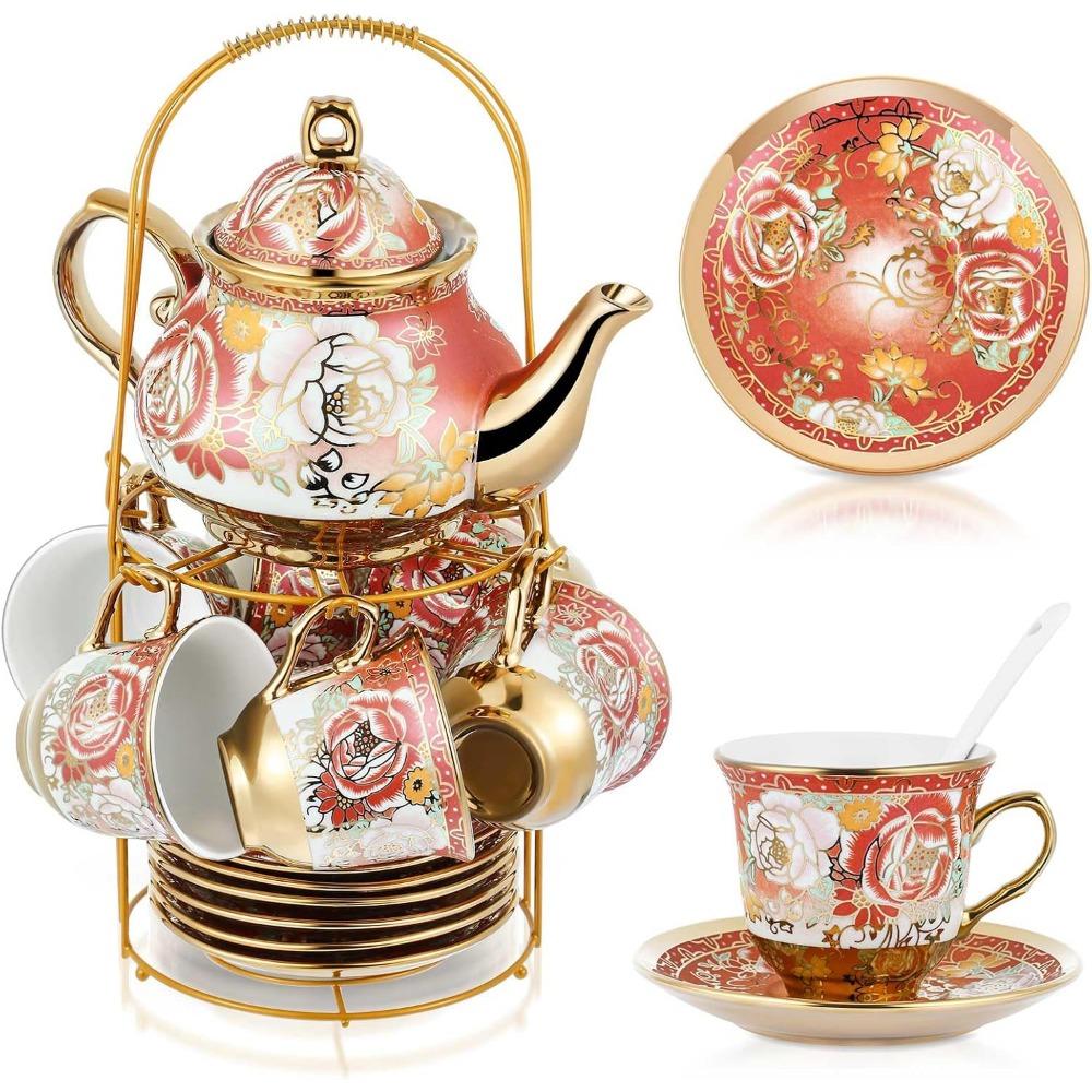 Adult Ceramic Tea Party Set (European Flower Painting Teapot, Teacup, Saucer, Spoon), Large (fresh Style)