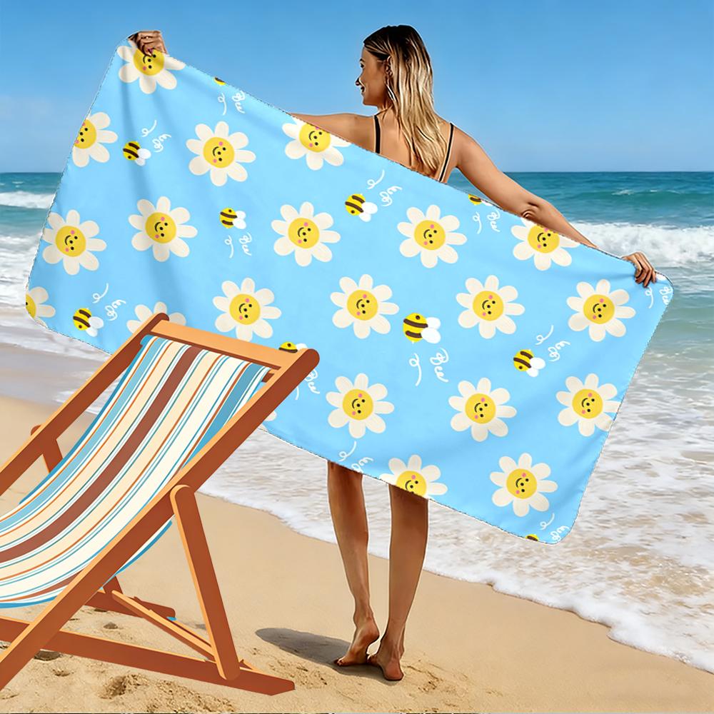 Smiley Daisies and Bees Pattern Beach towel quick-drying for travel outdoor sports jogging beach and swimming
