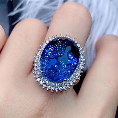 Big Oval 7 Carats Blue Crystal Sapphire Topaz Gemstones Diamond Rings for Women White Gold Silver Color Party Jewelry Bague Gift