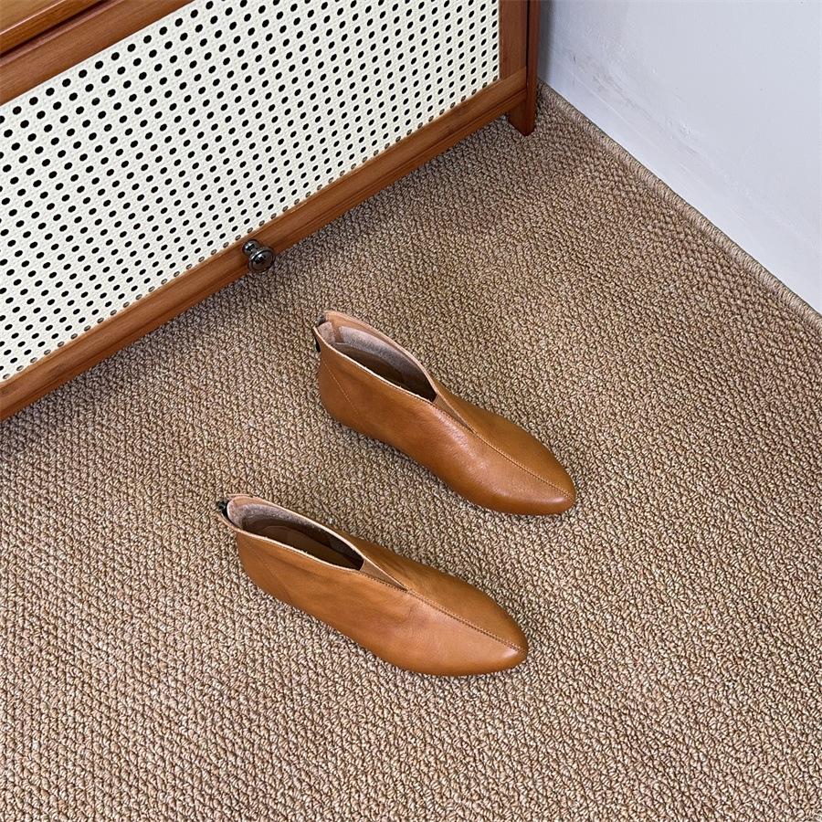 Johnature Retro Pointed Toe Cowhide Short Boots Versatile Genuine Leather Soft Soled Women's Shoes