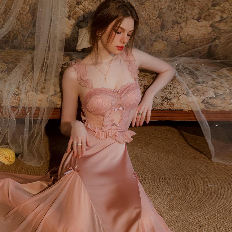 Lenjerie de corp de damă Toamnă Cămașă de noapte din satin și plasă cu cupă pentru piept Culoare uni Până la jumătatea gambei Set halat cu bretele