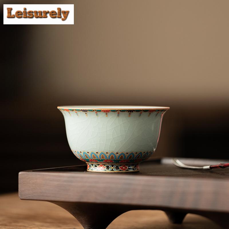 85ml Ru Kiln Precious Flower Pressed Hand Teacup Vintage Tea Bowl Cute Cup Tea-tasting Meditation Cup Jianzhan Master Cups Cafes