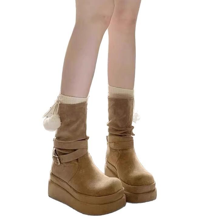 Niche Medium Boots Women's Autumn and Winter New Heightened Thick-soled Martin Boots Pleated Suede Fashion Boots Western Cowboy Boots