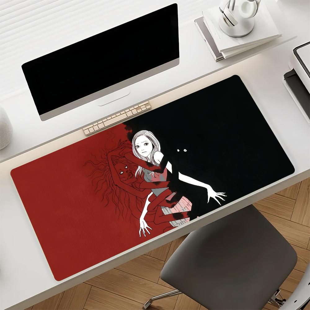Antislip Gaming Desk Mat with Stitched EdgesVintage Horror Manga Style Spiral Girl Face Design Large Mouse Pad for Home Office