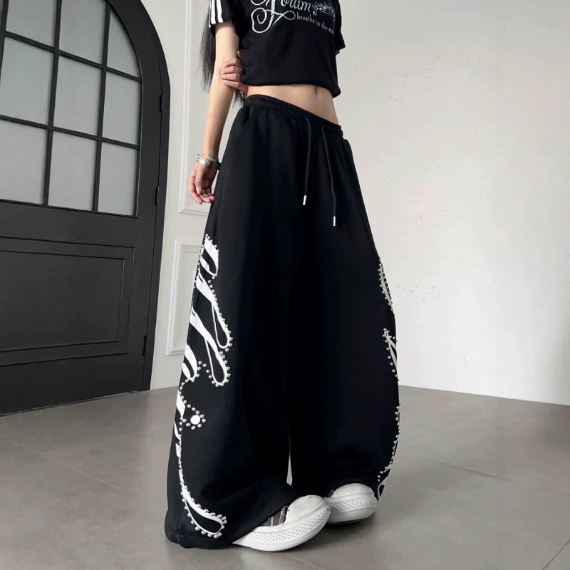 Womens Streetwear Beaded Letter Print Sweatpants Loose Wide Leg Dance Sports Pants