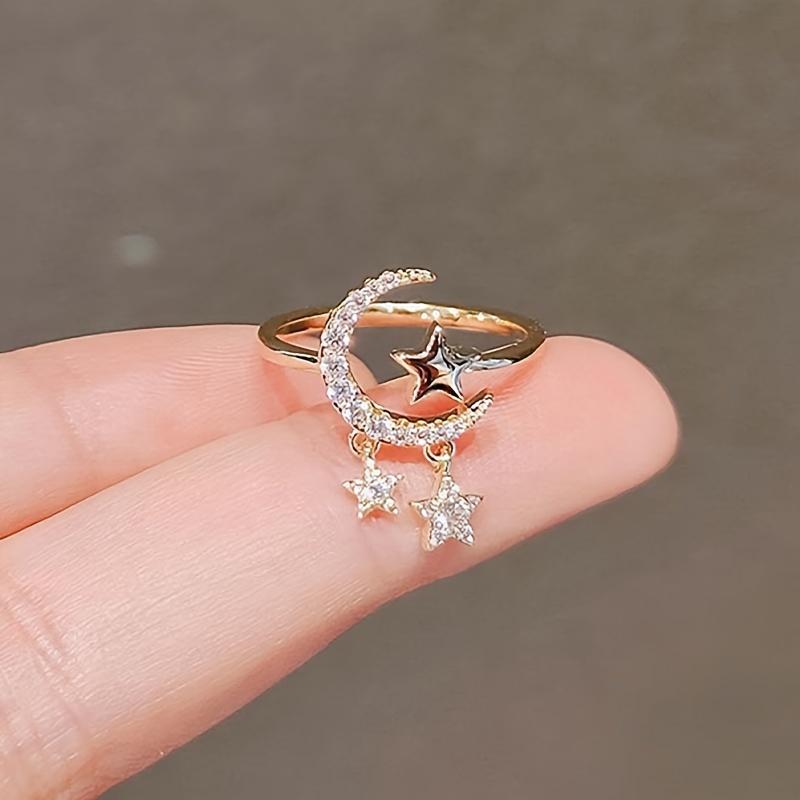 Zircon open moon ring, adjustable artificial pearl ring, zircon open ring, fashionable party jewelry