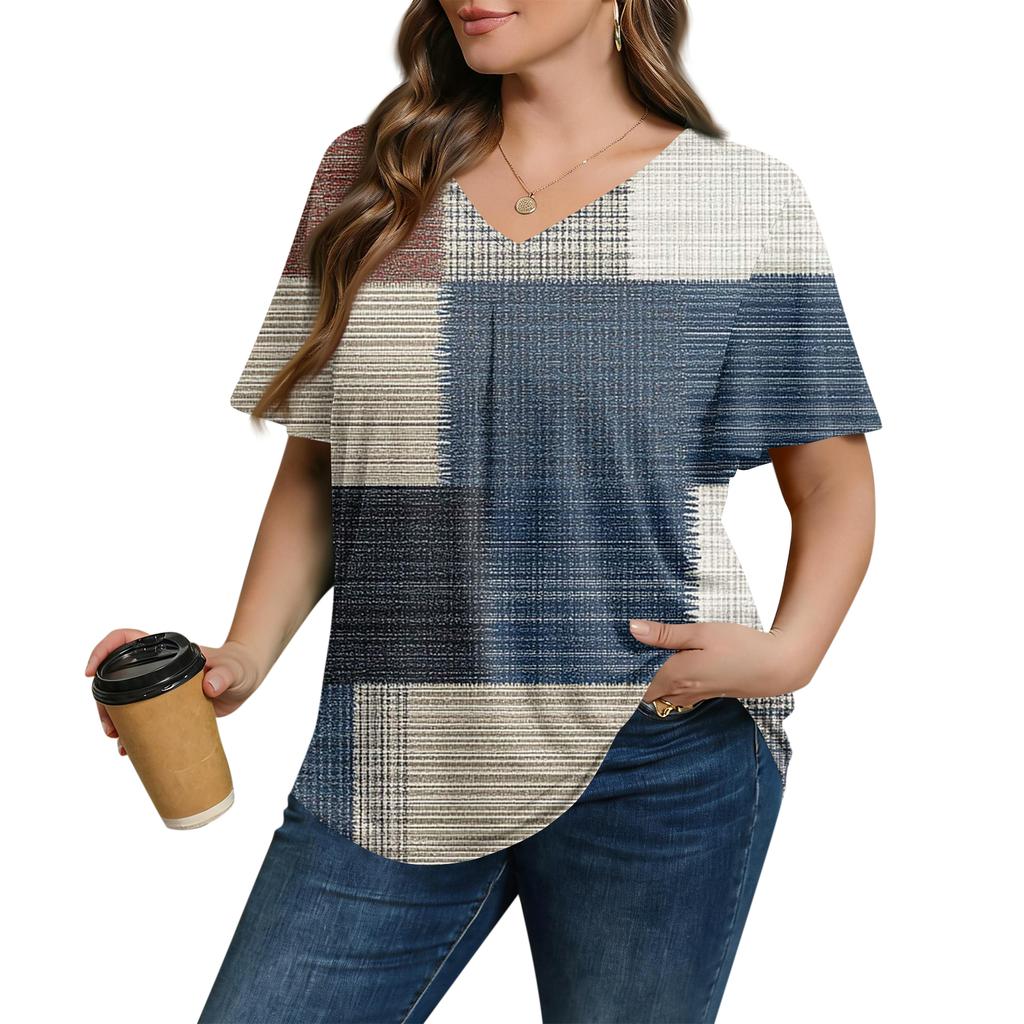 Women's Plus Size Fashionable Casual Loose-Fit Short Sleeve Elegant V Neck Blouse For Work