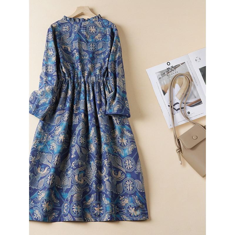Real Spring New Literary Loose Cotton and Linen Printed Long-sleeved Dress Women's Medium and Long Models