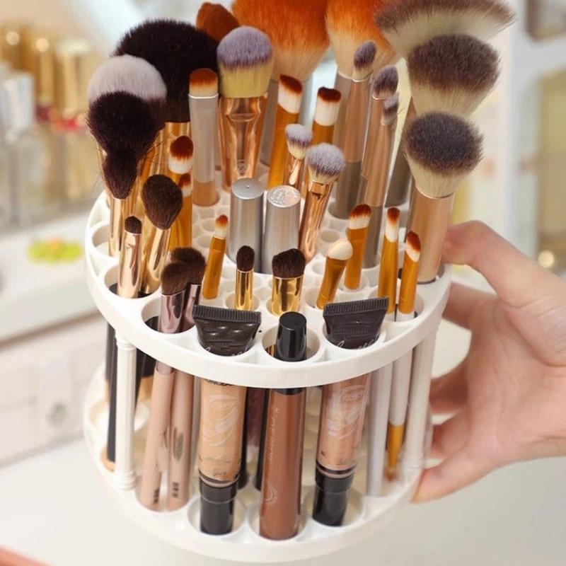 360 Rotating Makeup Brush Organizer 45 Holes Visible Large Capacity Cosmetic Storage for Home Vanity Use
