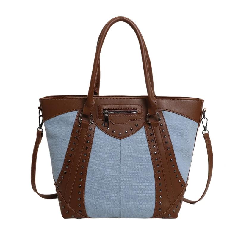 

Большая вместимость женских сумок из искусственной кожи и джинсовой ткани, сумка на плечо с заклепками, повседневная сумка-тоут, горячая распродажа сумок для женщин