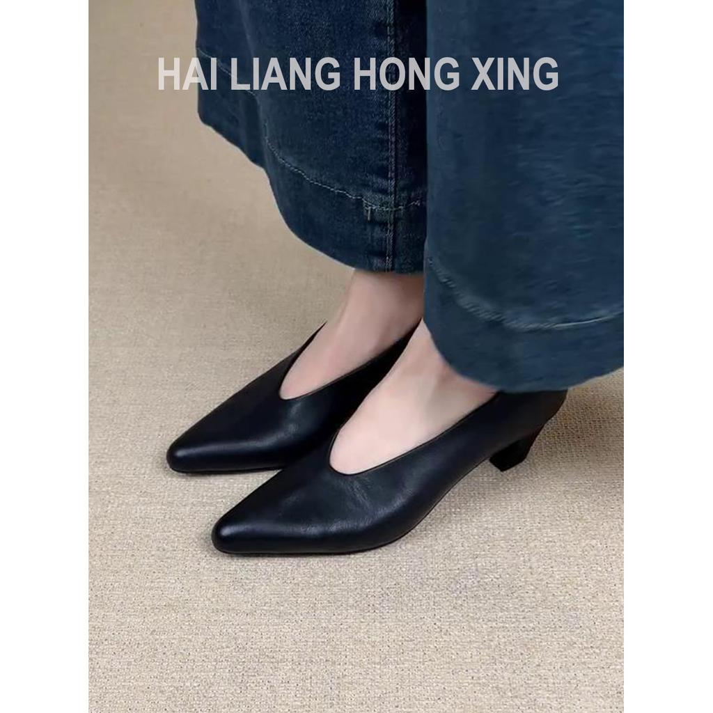 Sheepskin Version~ French Pointed Single Shoes Women's Shallow Mouth Versatile Temperament Commuter Shoes Retro Black Thick Heel High Heels