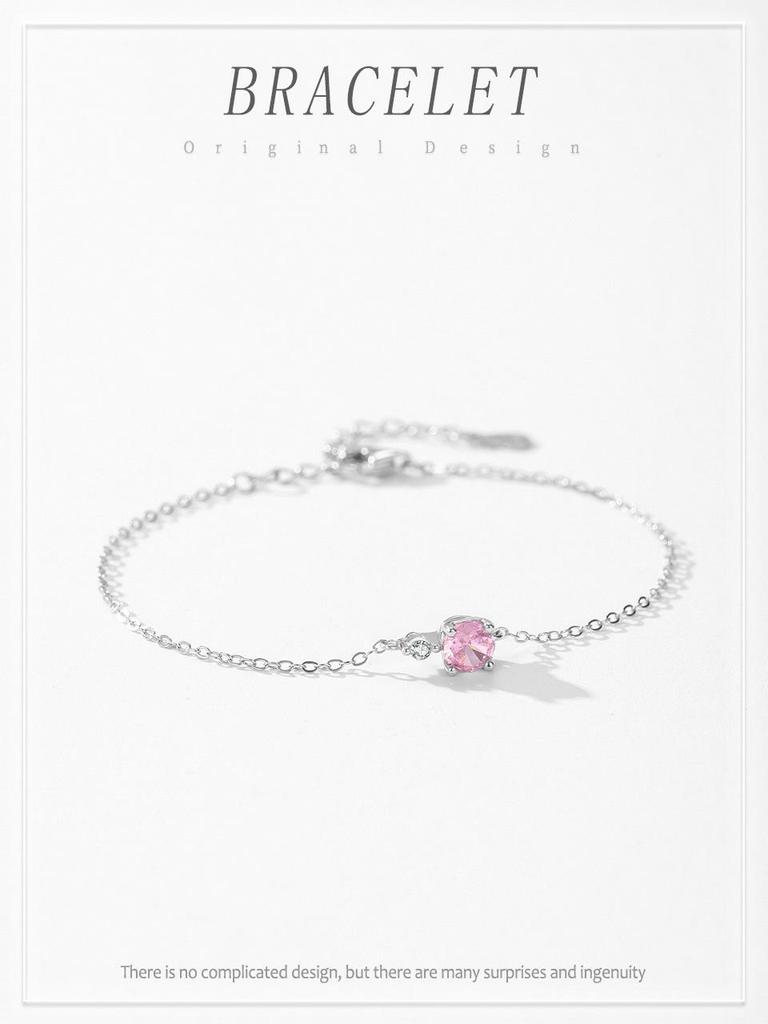 S925 Sterling Silver Cherry Blossom Pink Sugar Cube Bracelet - Women's Korean Simple Versatile Design