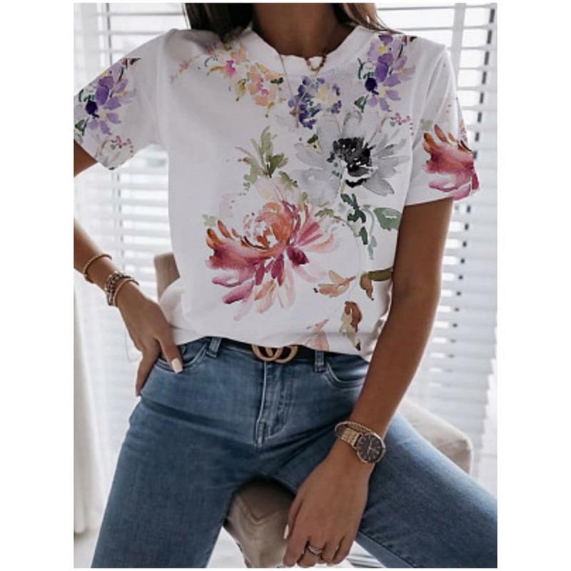 Colorful Flower and Butterfly 3D Printed T-shirt, Women's Round-neck Short-sleeved T-shirt, Women's Clothing