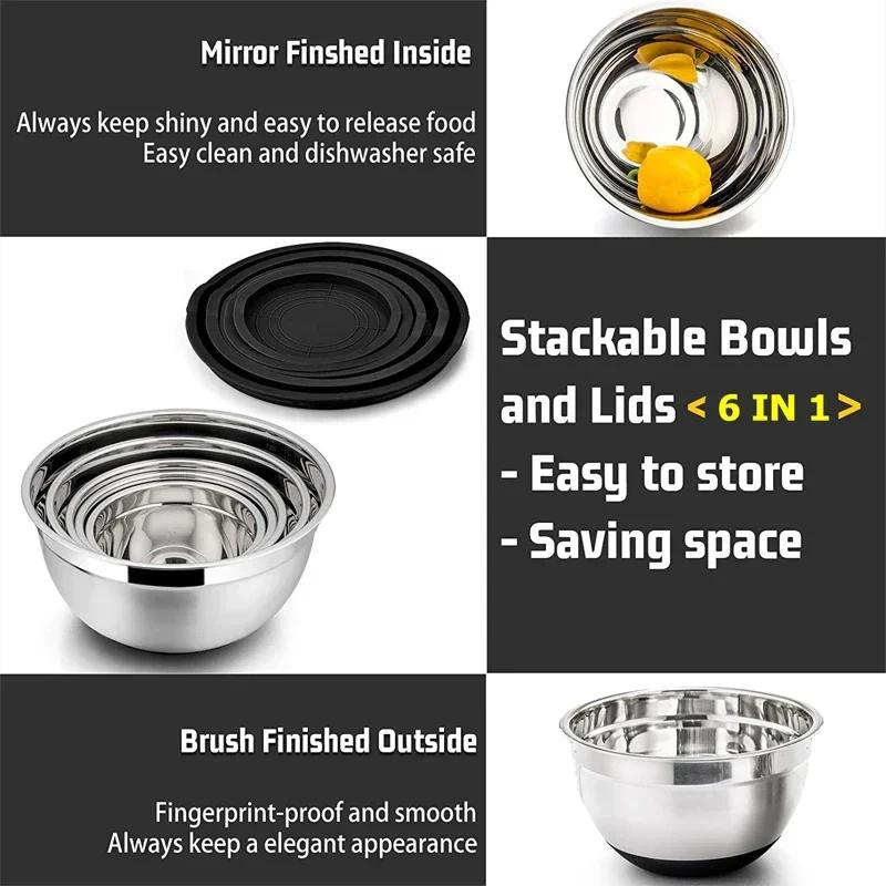 6-piece Set Mixing Bowls with Lids and Non Slip Bases Stainless Steel Mixing Bowls Set for Baking Nesting Storage Bowls