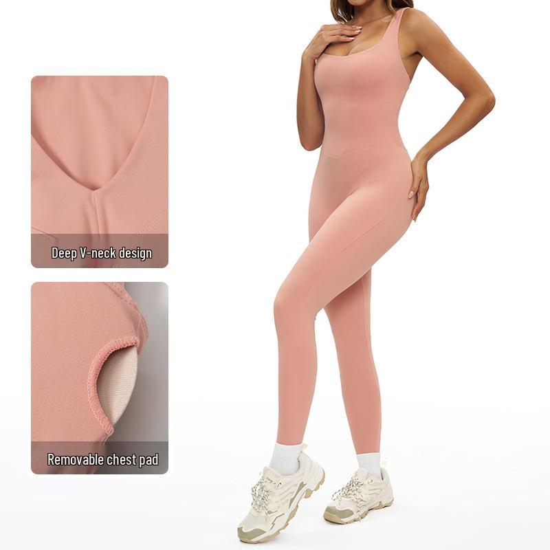 European & American One-Piece Brushed Yoga Bodysuit: Tight-Fitting, Slimming, Sports & Fitness Wear