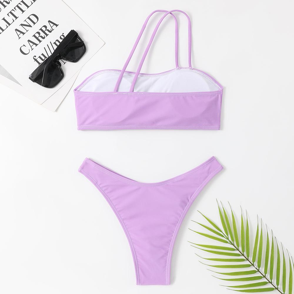 2023 European & American One-Shoulder Solid Color Split Bandeau Bikini Swimwear