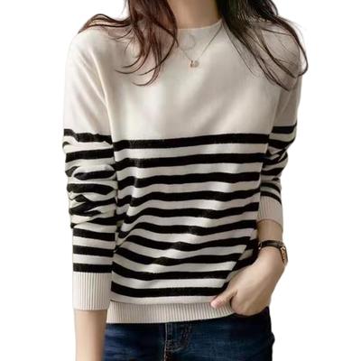 Narebuy Striped Knit Round Long Soft To the Korean Adult Women's Sweater, Neck, Sleeve, Touch, Flattering, Warm, Ribbed, Versatile, Fashion, Popular,