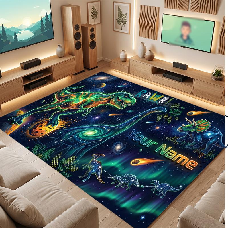 Dinosaur Theme Soft Crystal Velvet Rug Custom Name & Text Print Non Slip Floor Rug for Bedroom Living Room