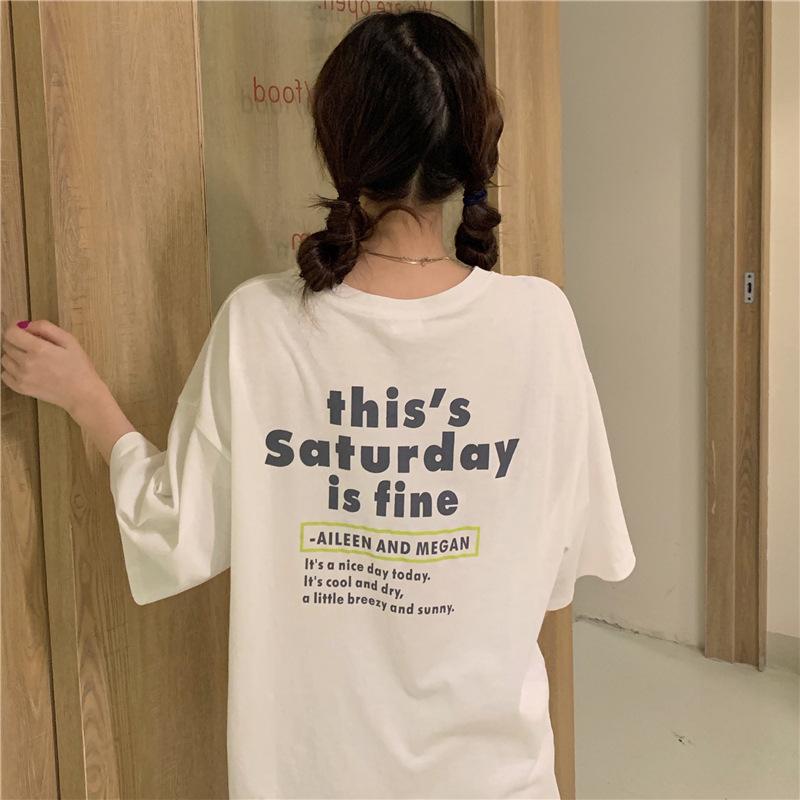 Tricou de vară imprimat, larg, cu mânecă scurtă, pentru studentă, versiune coreeană, cuplu, top imprimat față și spate, top de damă