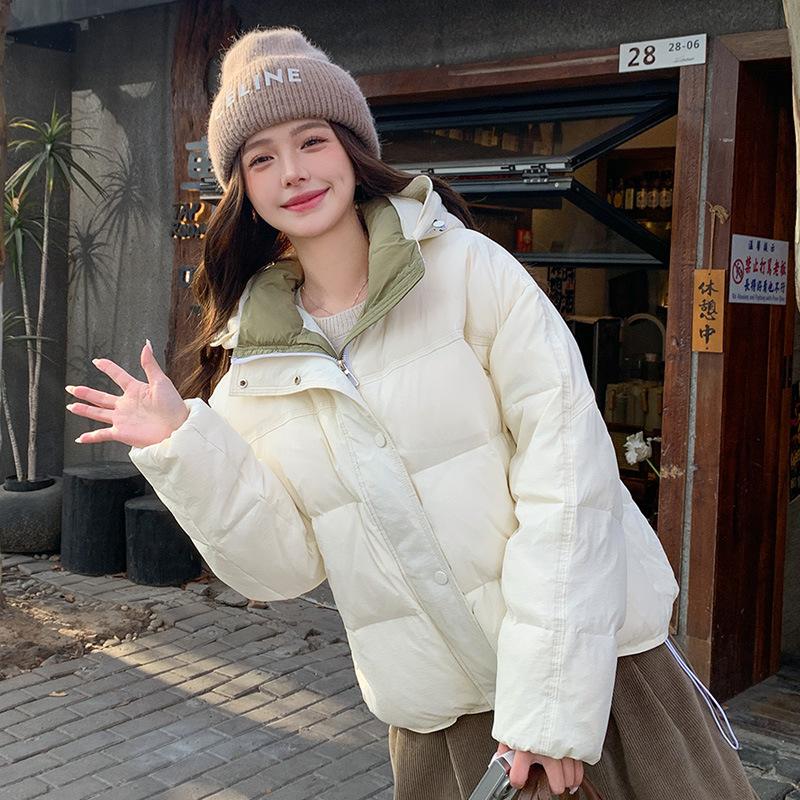 

Новая повседневная куртка-пуховик контрастного цвета двусторонней носки, модная текстура, теплая, с капюшоном, свободного кроя, на хлопковой подкладке XL белый