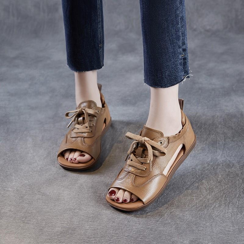 Johnature Sandales peep toe en cuir véritable rétro à semelle plate et à lacets, chaussures pour femmes à semelle souple