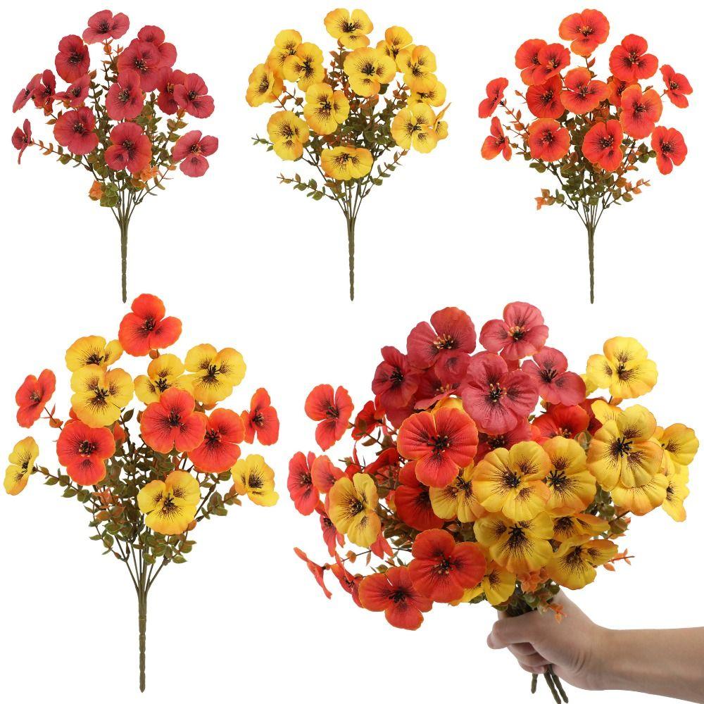 Plastic Artificial Pansy Flowers 7 Fork Flowers Bundle Fake Flowers No Fade Tricolor Violet Faux Pansy Flowers Indoor Outdoor
