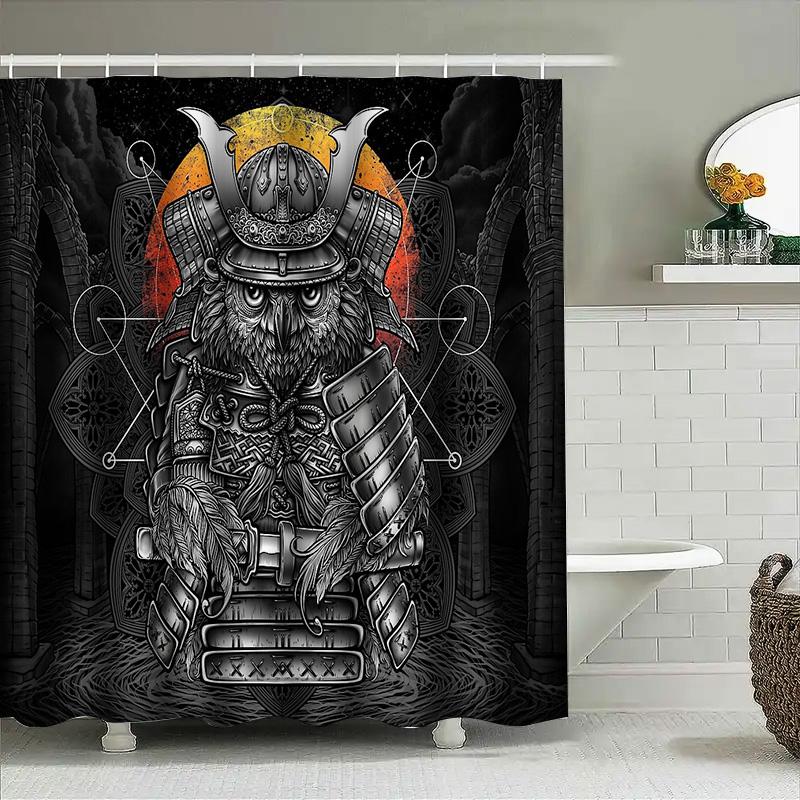 Japanese Samurai Warrior Owl Tapestry Shower Curtain Anime Forest Dark Art Home Decor Washable Bathroom Set