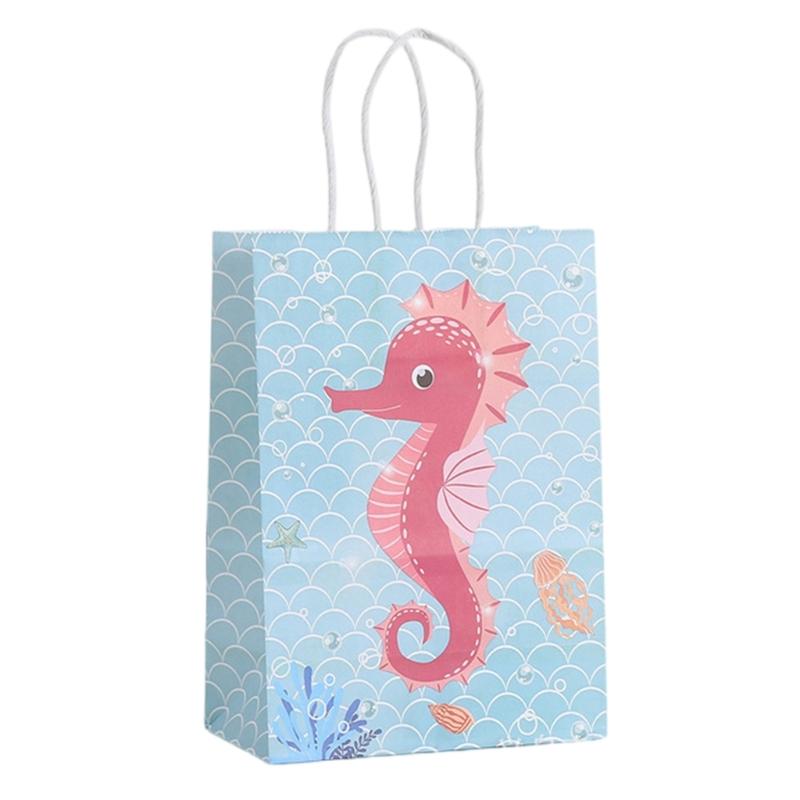 12pcs Mermaids Print Paper Gift Packaging Bag Ocean Themed Party Favors Bags with Handle Holiday Celebration Supplies