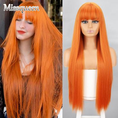 Orangefarbene synthetische Perücken, lange gerade Perücken mit Pony, für Frauen, rosa, rot, Cosplay, Party, täglicher Gebrauch, natürliches Haar