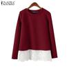 ZANZEA Lässiges Sweatshirt mit Rundhalsausschnitt und langen Ärmeln und Patchwork-Spitze für Damen