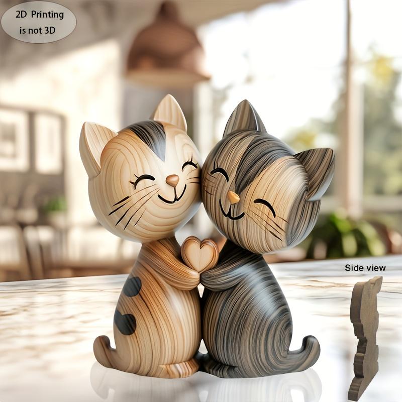 1pc  2D Flat Print - Handmade Kitten Couple Wooden Sculpture, Charming 2D Gift for Cat Lovers