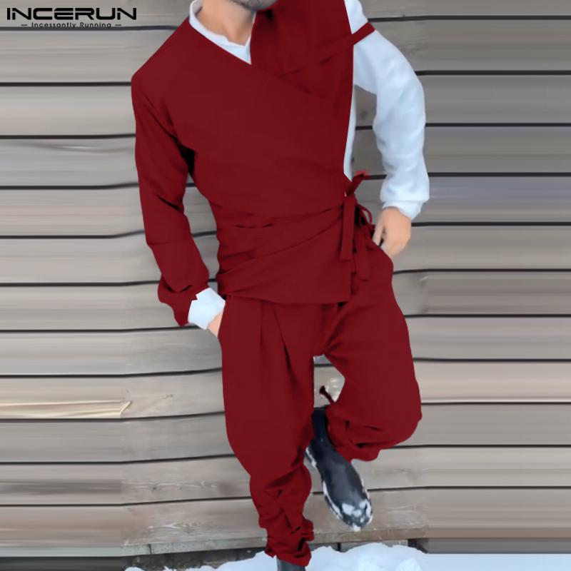 INCERUN Two Pieces Outfits Men One Shoulder Shirt Long Bandage Harem Pants Sets