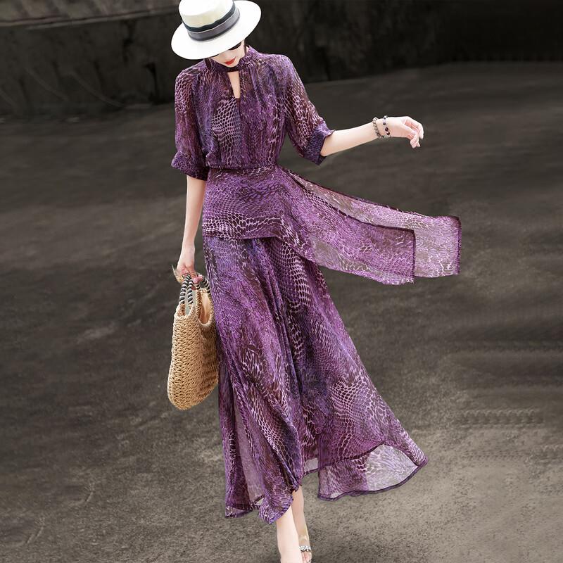 Lanse er French Elegant Purple Leopard Print Chiffon Dress M