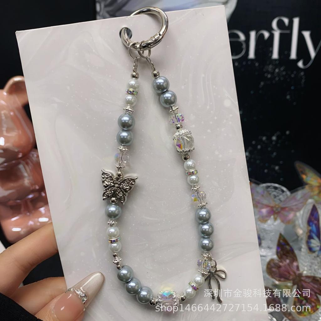 Ins Style Alloy Butterfly Phone Chain Rope Handmade Beaded Hanging Chain Pearl Keychain Bag Hanging Rope Pendant Rope Accessories