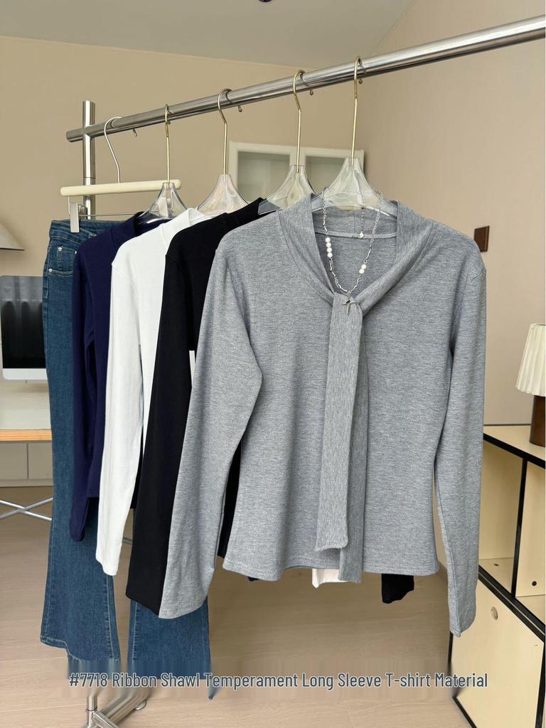 Women's Urban Style V-Neck Long Sleeve Slimming Shirt with Shawl Decoration for Early Autumn