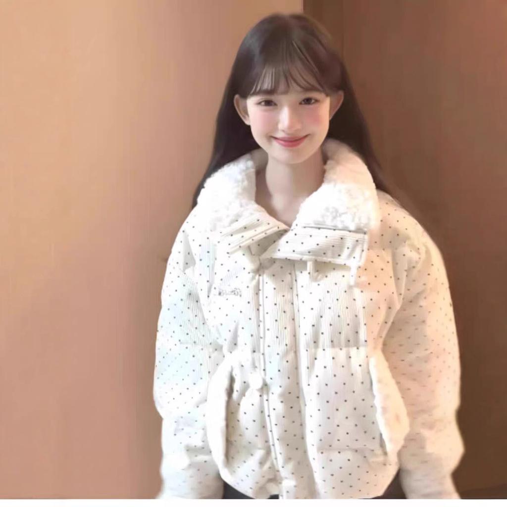 American retro design sense niche polka dot cotton clothes women's winter sweet and cute loose and thin coat tide