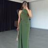 European Beautiful Woman Spring and Summer New Waist Dress, Thin Hip Wrap Sleeveless Solid Color Streamer Pleated Dress