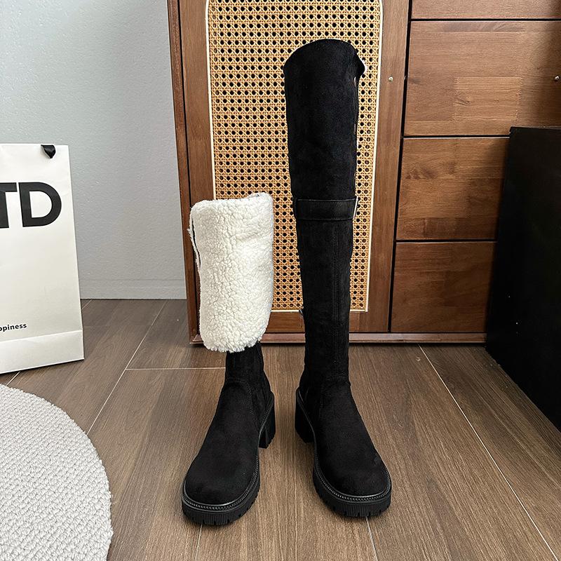 

Зимние бархатные тонкие эластичные сапоги женские 2024 новые ретро толстые каблуки толстые молния сбоку модные сапоги рыцарские сапоги прилив 40