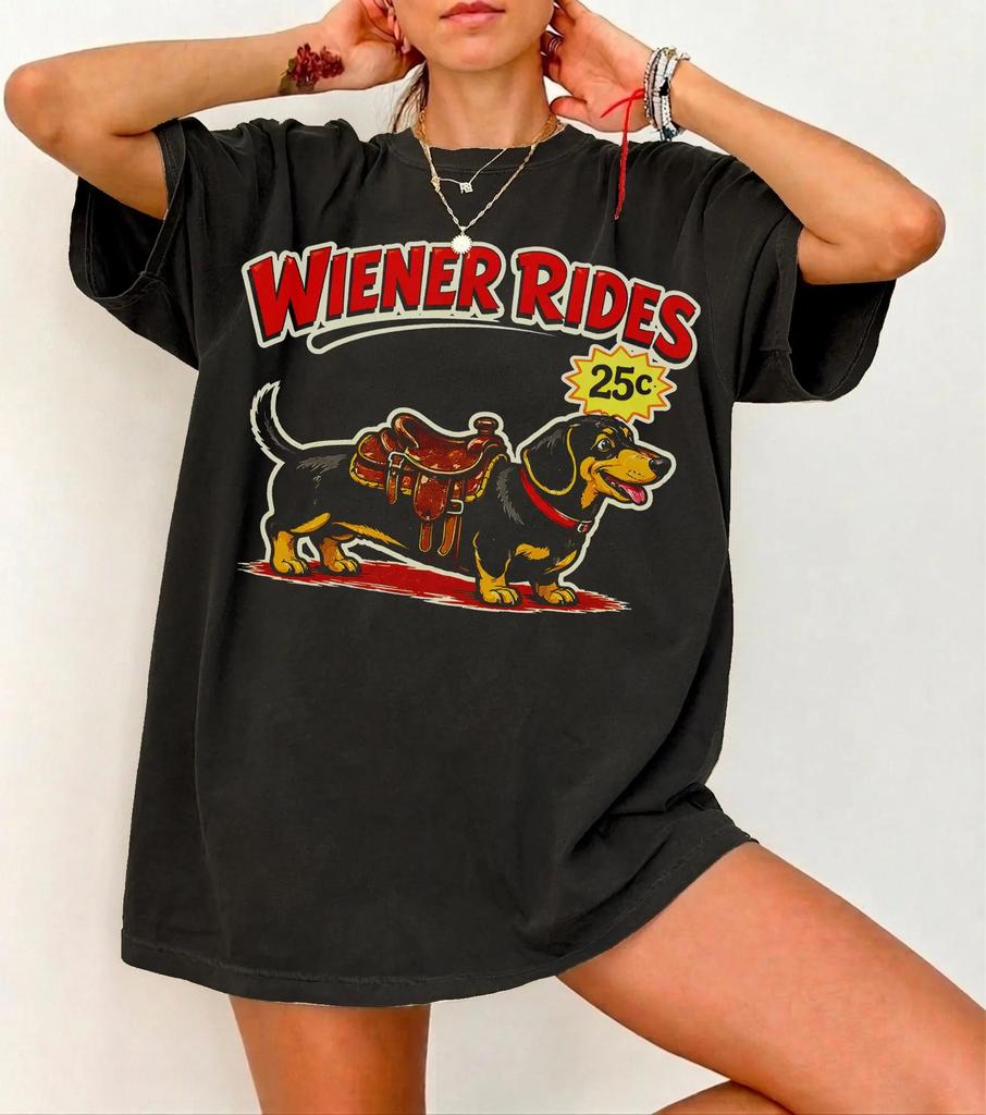 Wiener Rides Dachshund Graphic Tee Retro Hot Dog Carnival Design Summer Unisexs and Womens Loose and Breathable Tshirt Top