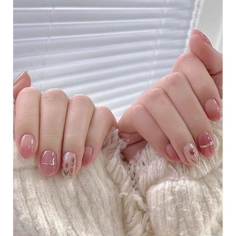 

Retro Tulip Small and Short Armor Spring Atmosphere Nail Stickers Fresh White Wearing Armor Nail Patch Fingertip flower [short ellipse] trumpet XS