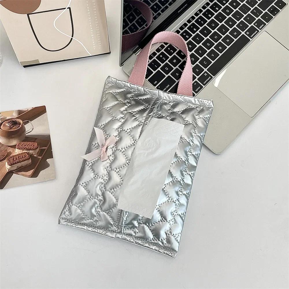 Silvery Bow Flip Cover Tissue Box Wet Wipes Case Car Hanging Bag Portable Paper Holder Removable Napkin Storage Case Home Decor