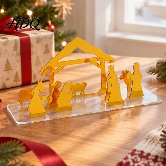 Christmas Party Supplies Acrylic Nativity Scene Ornament Manger Tabletop Decor Gold Desktop Decoration Elegant Holiday Home Display And Festive