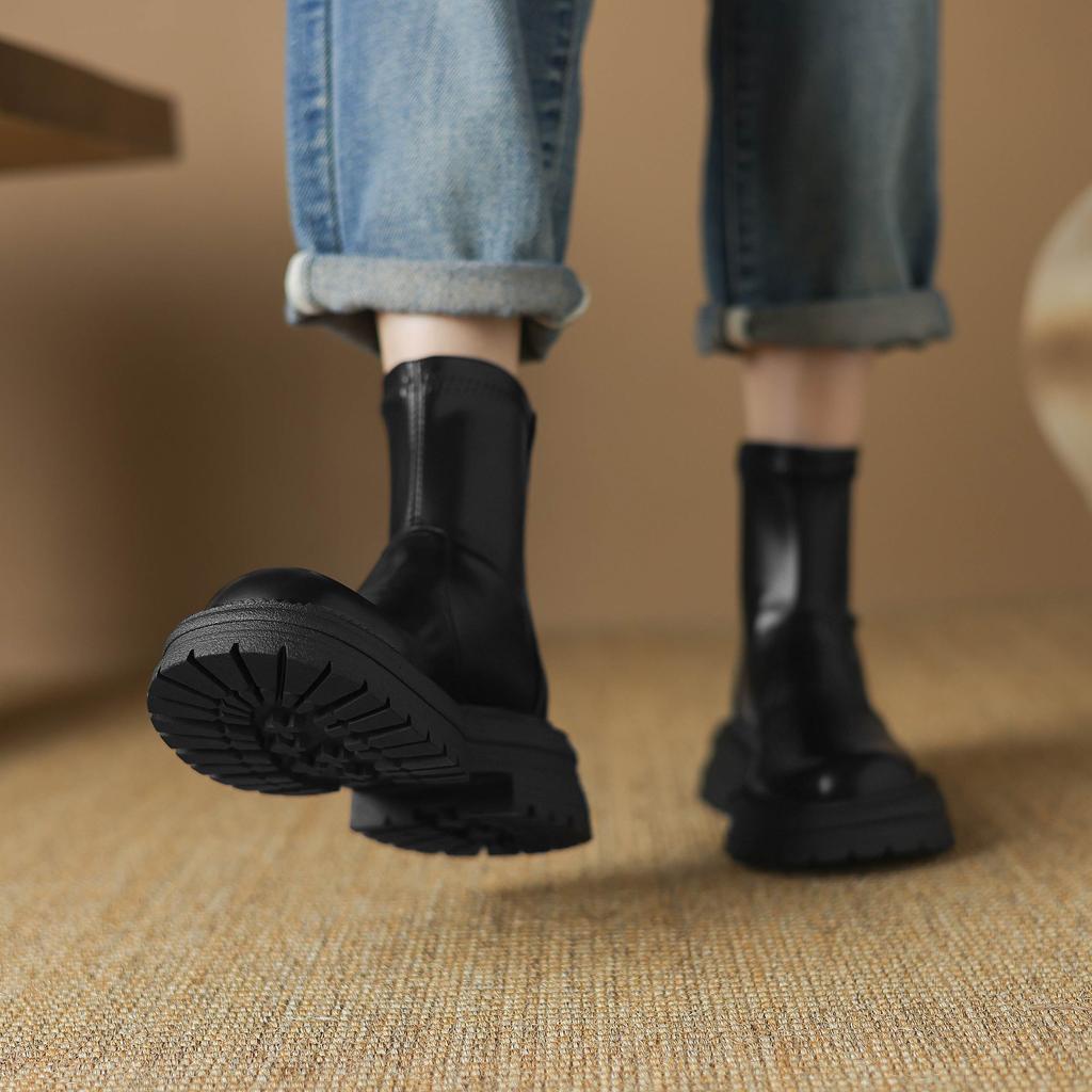 Krazing Pot Microfiber Autumn Winter Shoes Thick High Heels Zipper Platform Size 43 Motorcycle Boots Brown Color Ankle Boots