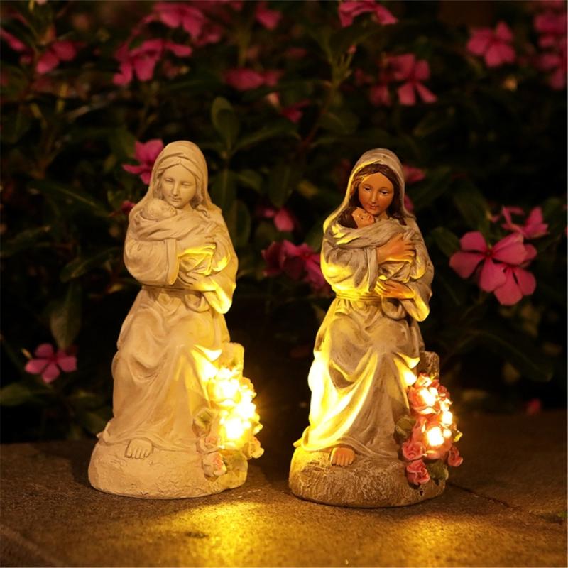 Artistic Religious Mother Son Statue Resins Figurine with LED Light Nursery Decors Mother Day Present For New Mom