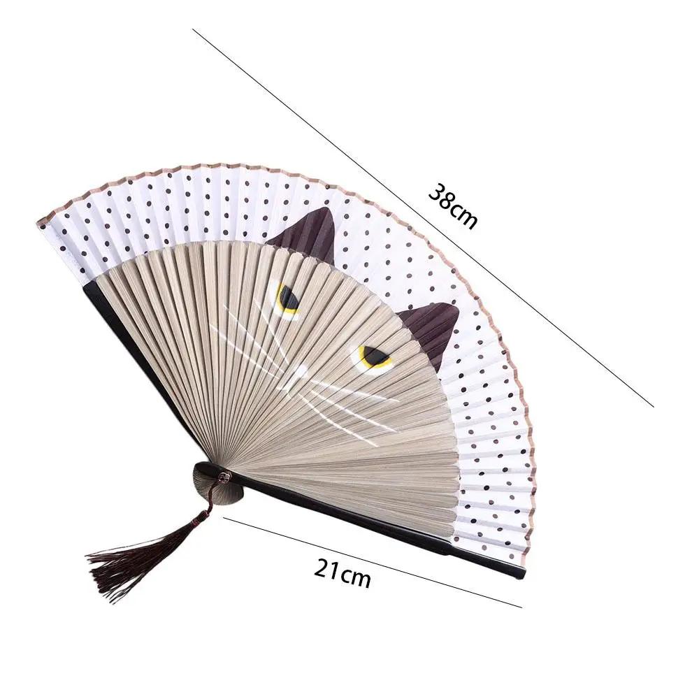 Quality 1 pcs Cat Patterns Handmade Bamboo Wooden Cartoon Home Decoration Folding Fan Silk Fan Fan Crafts