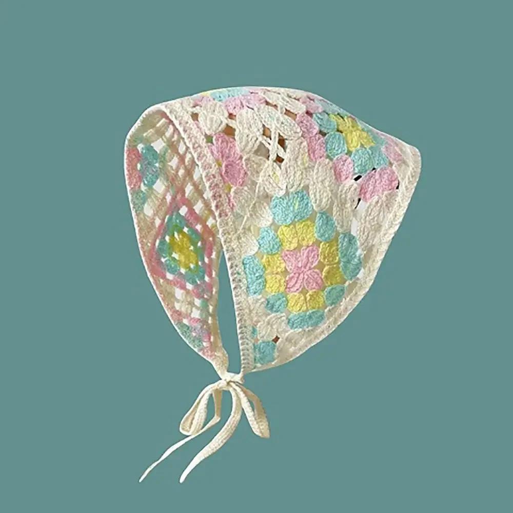 1Pc Knitted Triangle Headband French Pastoral Style Headscarf Hat Little Flower Handmade Crochet Headband Towel Spring Summer