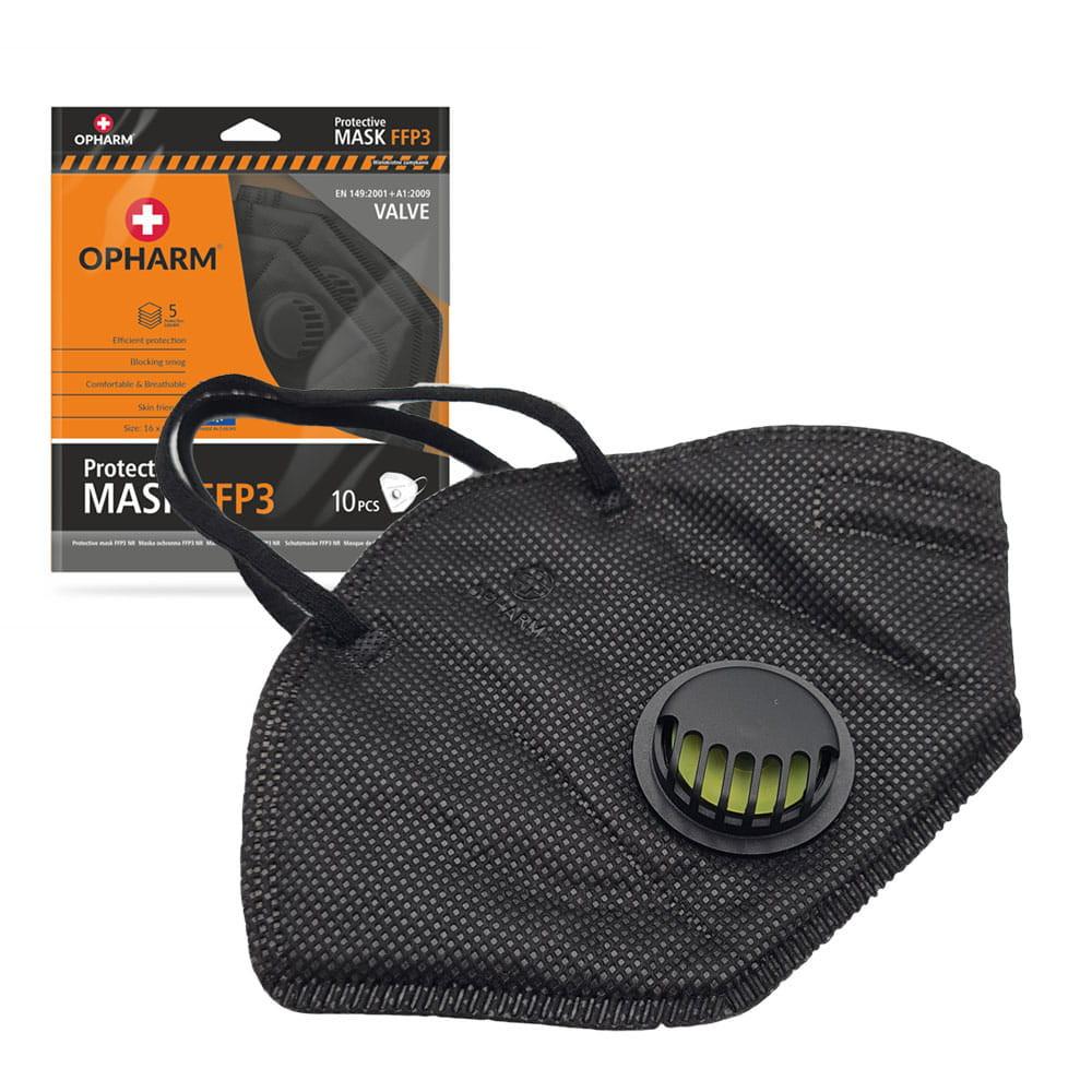 Opharm FFP3 Filtermask met Klep en Elastische Band, Zwart, 10 Stuks