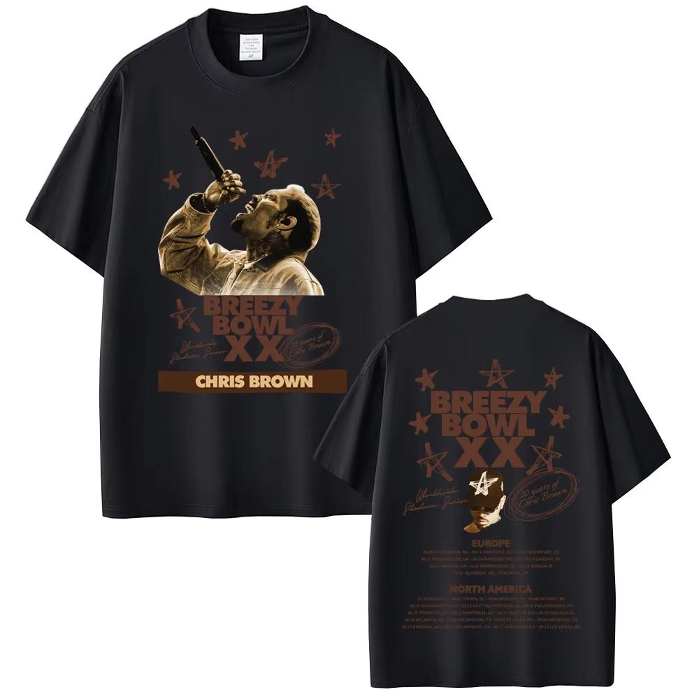Vintage Washed Chris Brown Breezy Bowl XX Tour 2025 R&B Pop Graphic T-shirt Men Women Printed Tee Summer Casual Fashion Clothing Tops Streetwear