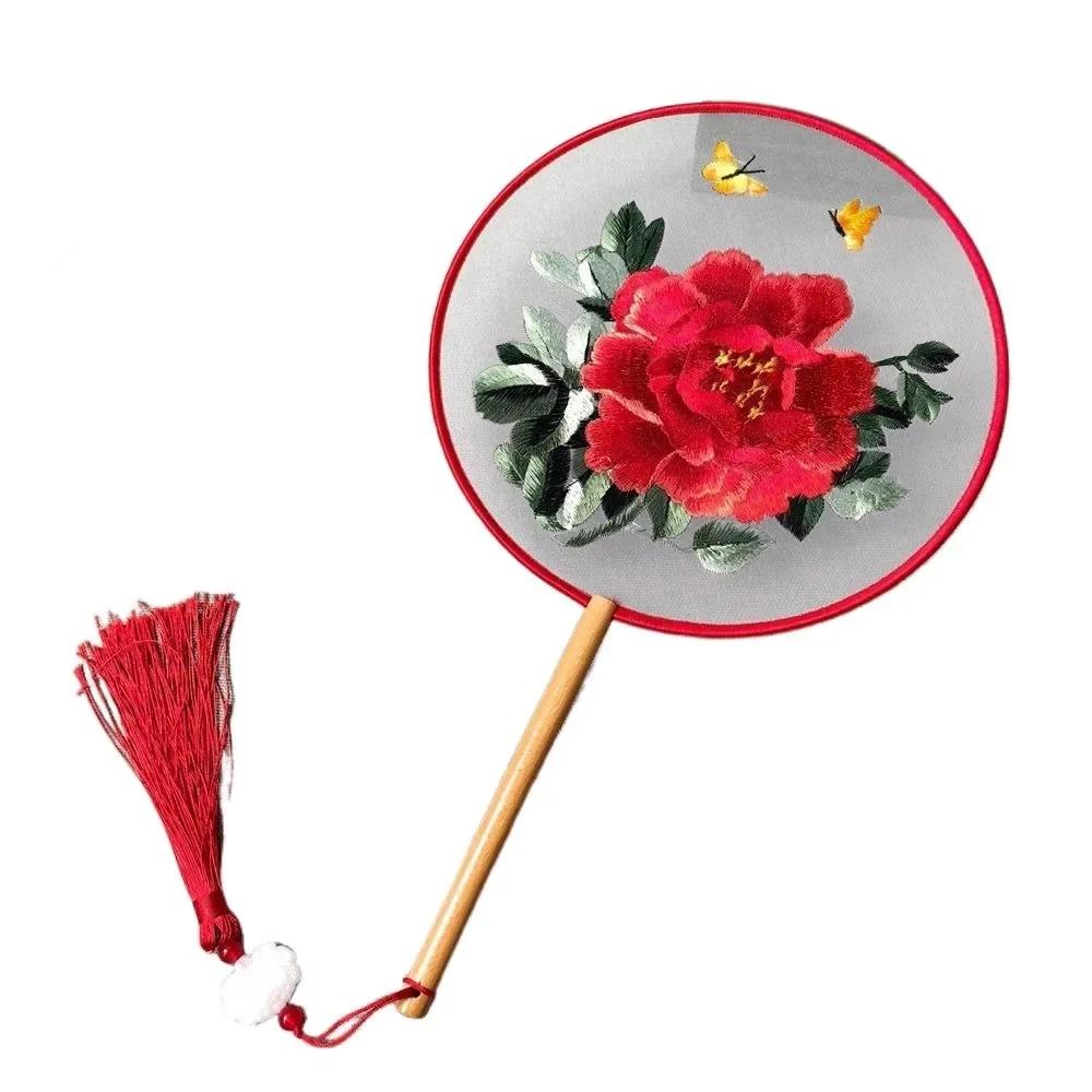 Round Double Sided Embroidery Fan Chinese Style Wooden Handle Embroidery Round Fan Tassels with Pendant Hanfu Hand Fan